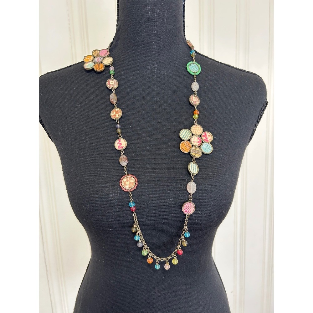 Boho Multi Color Woven Beaded Flower Long Necklace Hippie Cottage Festival Artsy